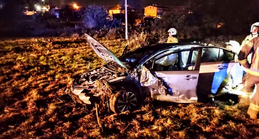 Auto wypadło z drogi. Na miejscu straż, policja i karetka