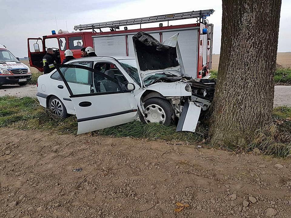 W Łowinku samochód uderzył w drzewo. Dwie osoby w szpitalu [ZDJĘCIA]