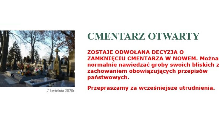 Cmentarz w Nowem został otwarty. Zachowajcie zasady bezpieczeństwa