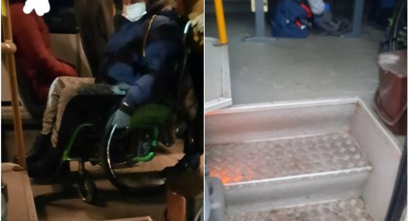 Z wózkiem inwalidzkim po schodach do autobusu PKS - u