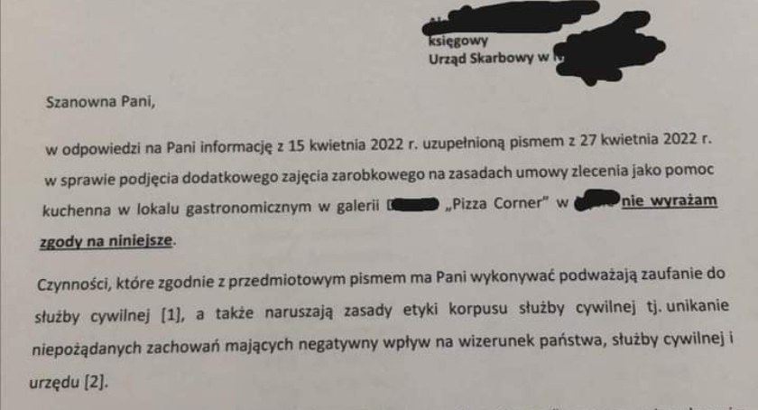 Urzędniczka skarbówki chciała dorabiać w pizzerii 