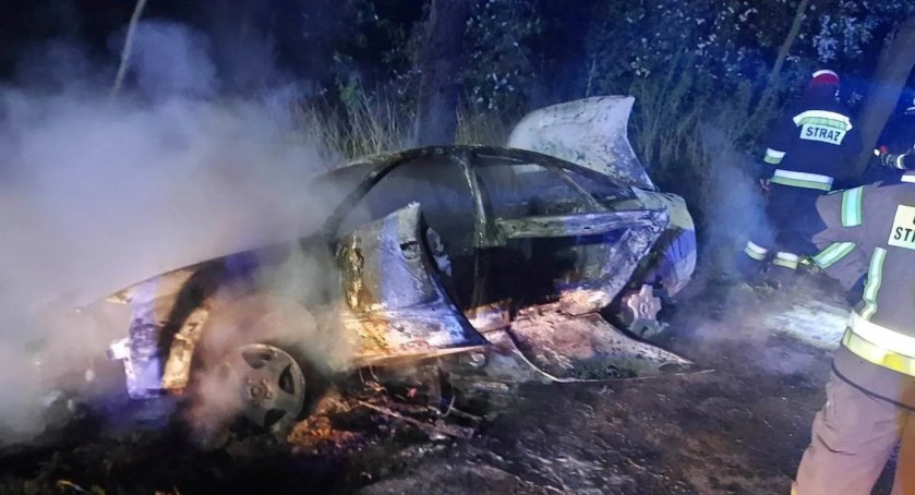 Samochód zamienił się w pochodnię. W zaroślach ratownicy natrafili na dwóch mężczyzn. Jeden obserwował, z drugim był utrudniony kontakt [FOTO]