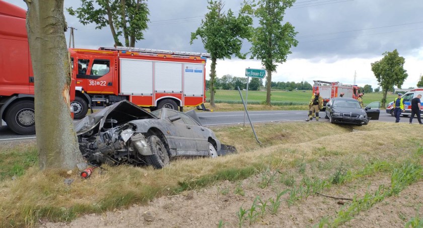 Mercedes zatrzymał się na drzewie. Wypadek w Nowym Trzepowie. Utrudnienia do godz. 17.00 [FOTO]