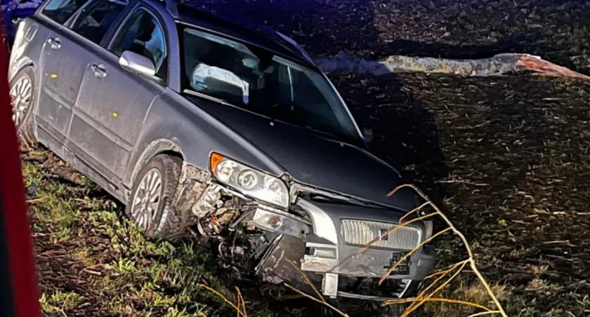 Przewrócone drzewo i samochód w rowie. Silny wiatr nie odpuszcza. 
