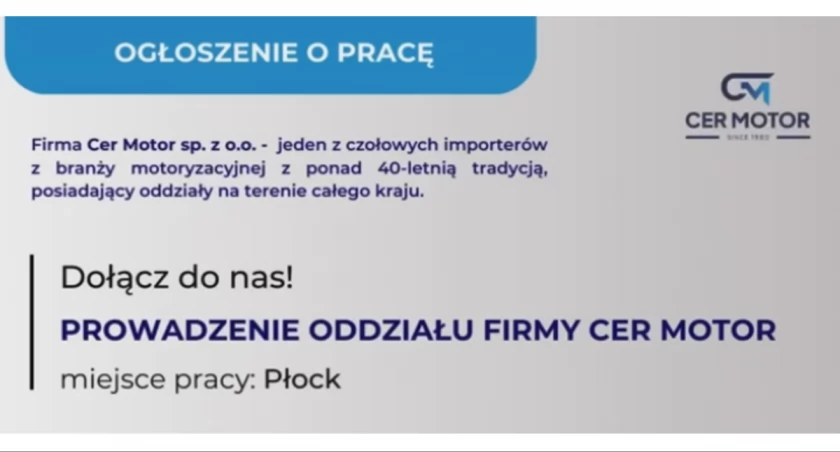 Oferta Pracy. Prowadzenie oddziału firmy CER MOTOR