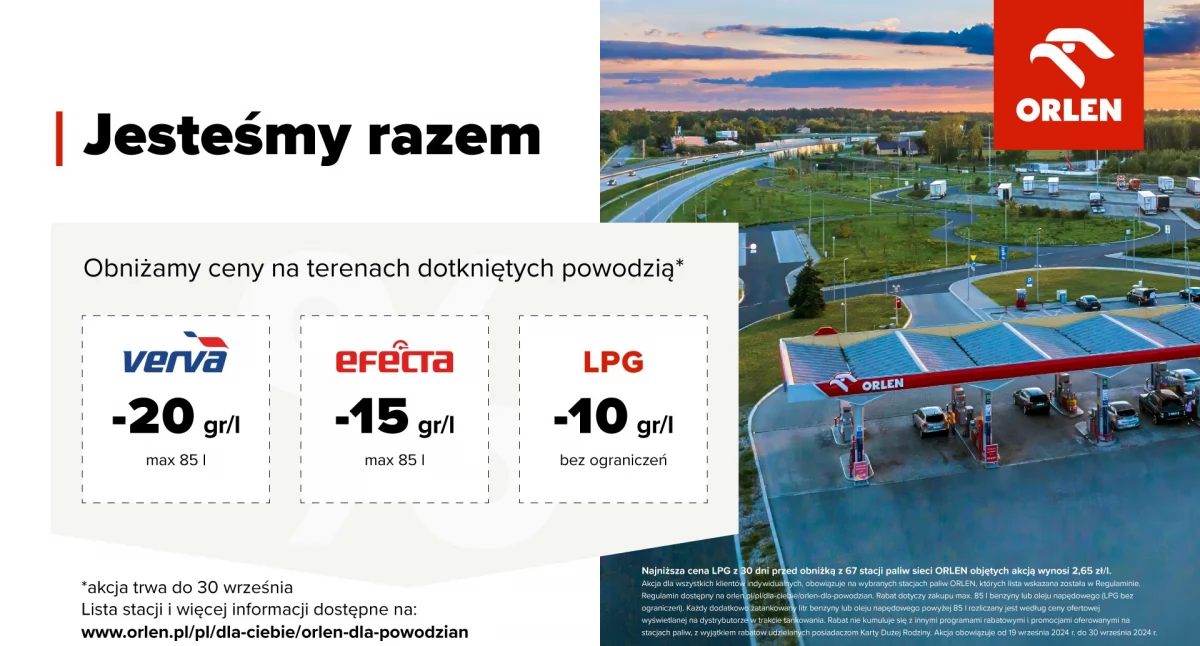 Tańsze tankowanie do końca miesiąca. ORLEN wspiera powodzian
