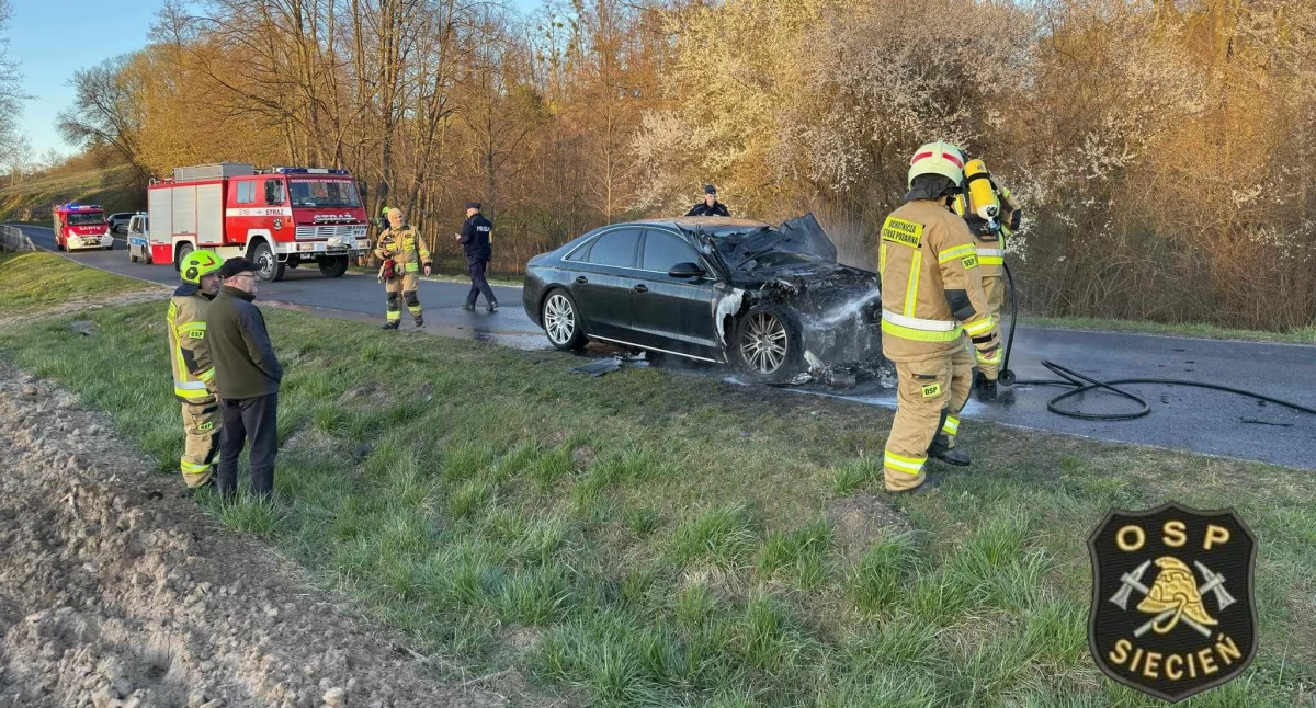 Samochód płonął jak pochodnia. Zablokowana droga niedaleko Płocka [ZDJĘCIA]