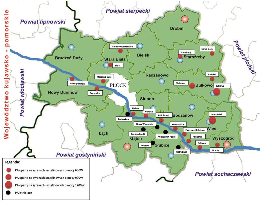 Mapa rozmieszczenia PA oraz zasięgi słyszalności