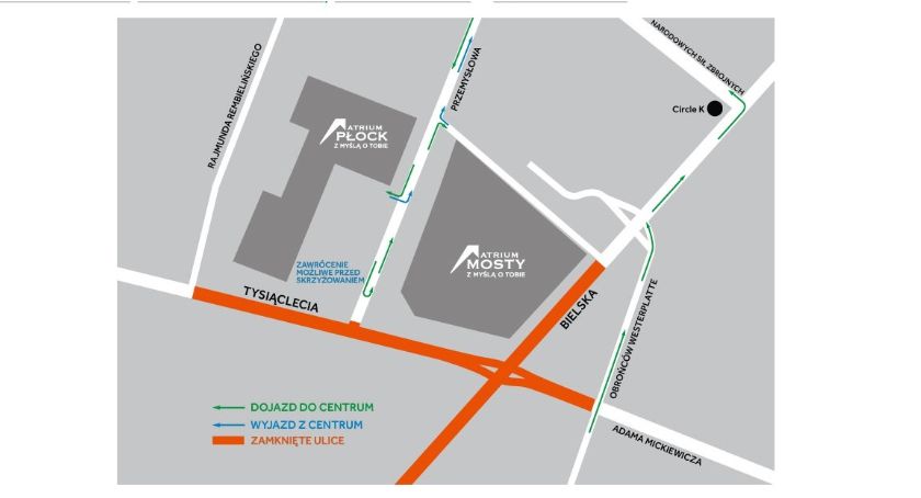 Jak po zamknięciu skrzyżowania Tysiąclecia-Bielska dostać się do galerii Mosty i Atrium Płock?