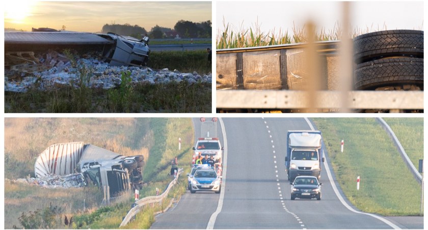 Ciężarówka z naczepą w rowie. Zdarzenie drogowe na obwodnicy Ryk