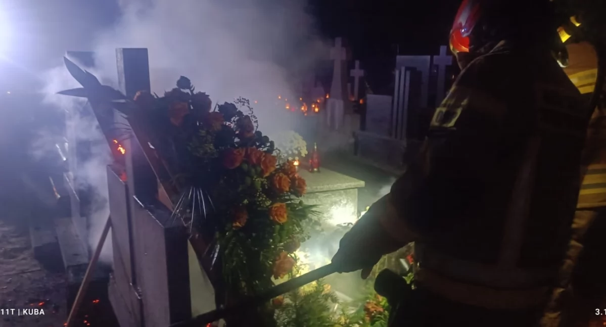 Pożar na cmentarzu w Stężycy. Strażacy szybko opanowali sytuację