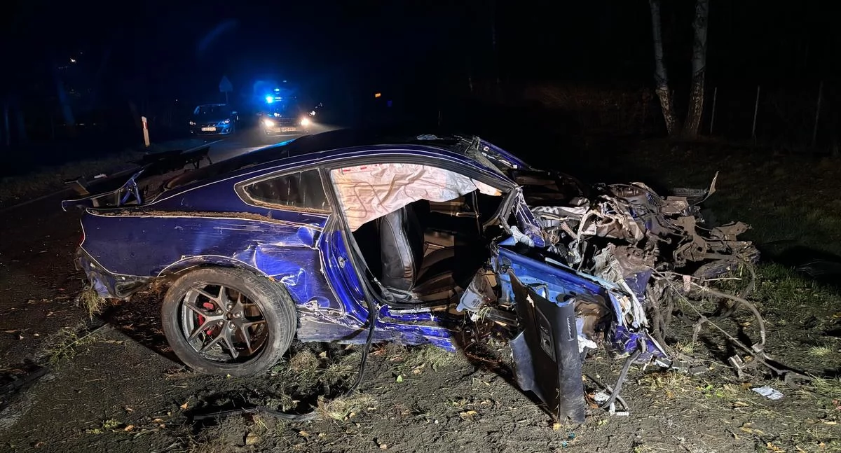 Dramatyczny wypadek na DK 48. Ford uderzył w drzewo, silnik wypadł z auta
