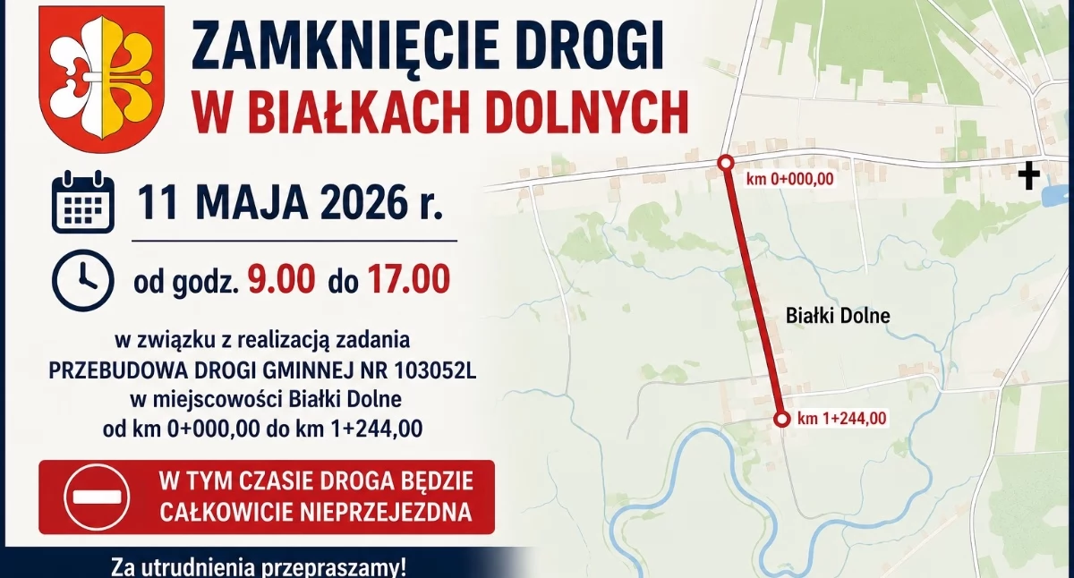 Droga w Białkach Dolnych będzie zamknięta. Utrudnienia 11 maja
