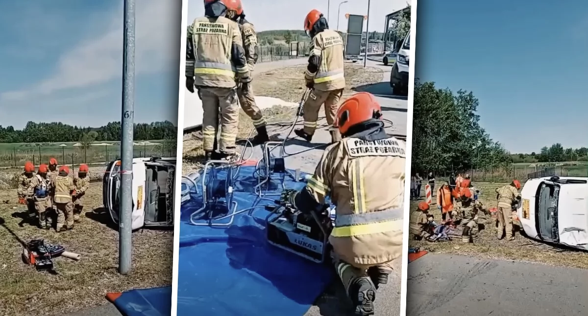 Groźny wypadek i pożar auta w Moszczance. Na miejsce ruszyły wszystkie służby