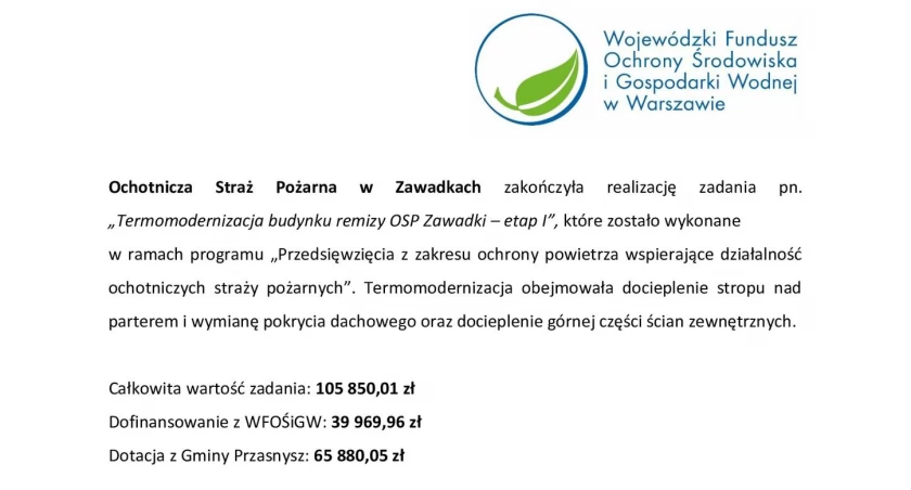 Ochotnicza Straż Pożarna w Zawadkach zakończyła termomodernizację