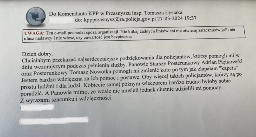 Drobny gest, a wiele znaczy. Wyjątkowe podziękowanie dla przasnyskich Policjantów