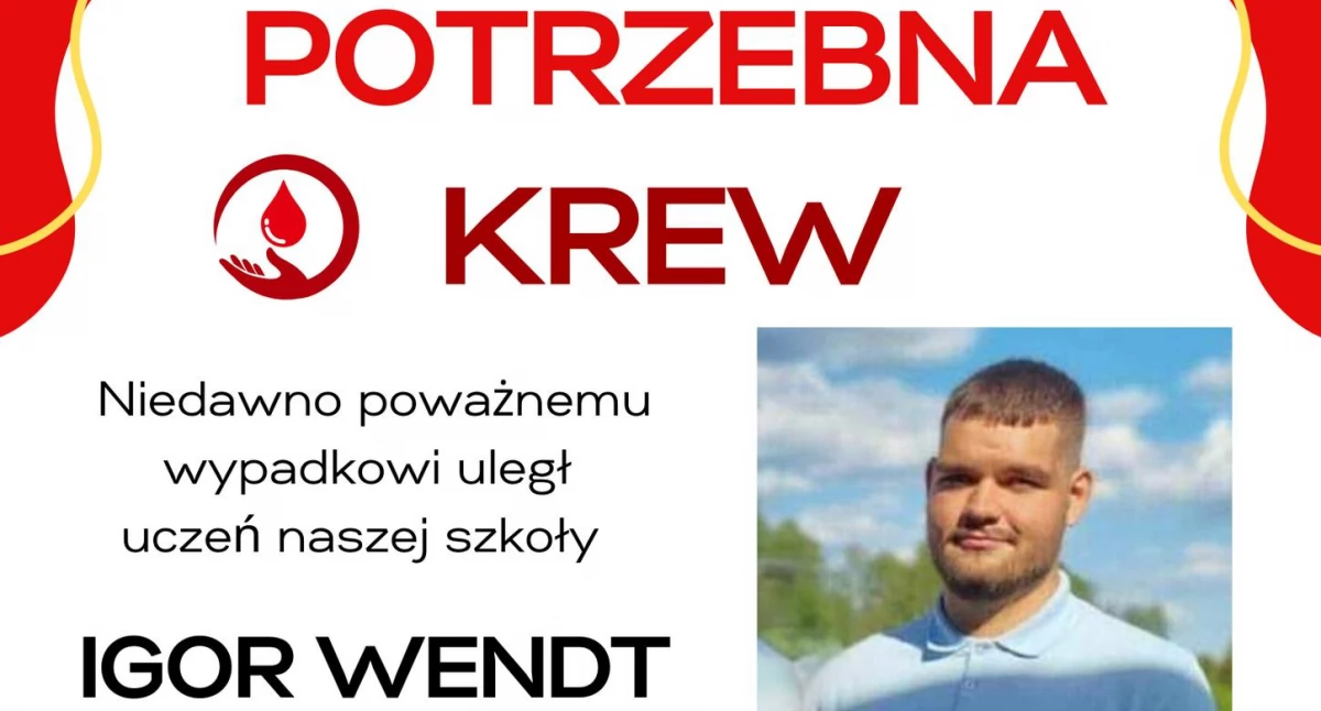 Potrzebna krew dla Igora, ucznia ZSP w Przasnyszu. Uwaga zmiana terminu