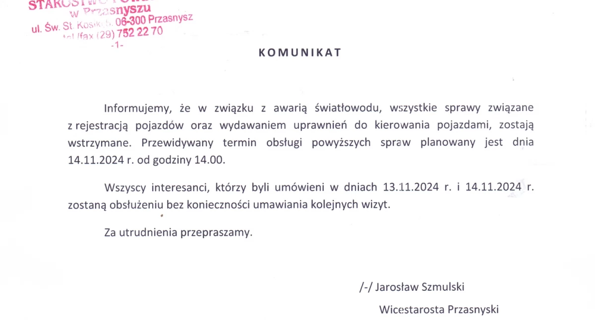 Z ostatniej chwili: Awaria w wydziale komunikacji