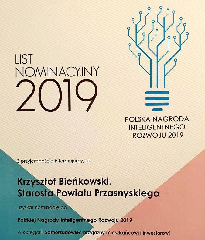 Starosta Przasnyski Krzysztof Bieńkowski został nominowany do Polskiej Nagrody Inteligentnego Rozwoju 2019