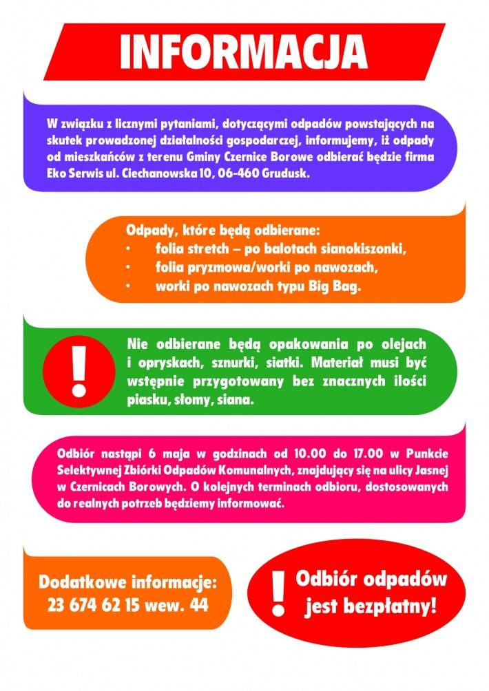 Odbiór odpadów z działalności gospodarczej w Czernicach Borowych - informacja