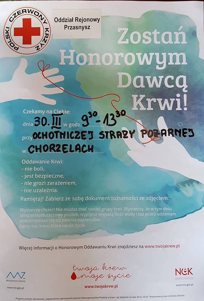 Akcja Honorowego oddawania krwi w Chorzelach - zaproszenie