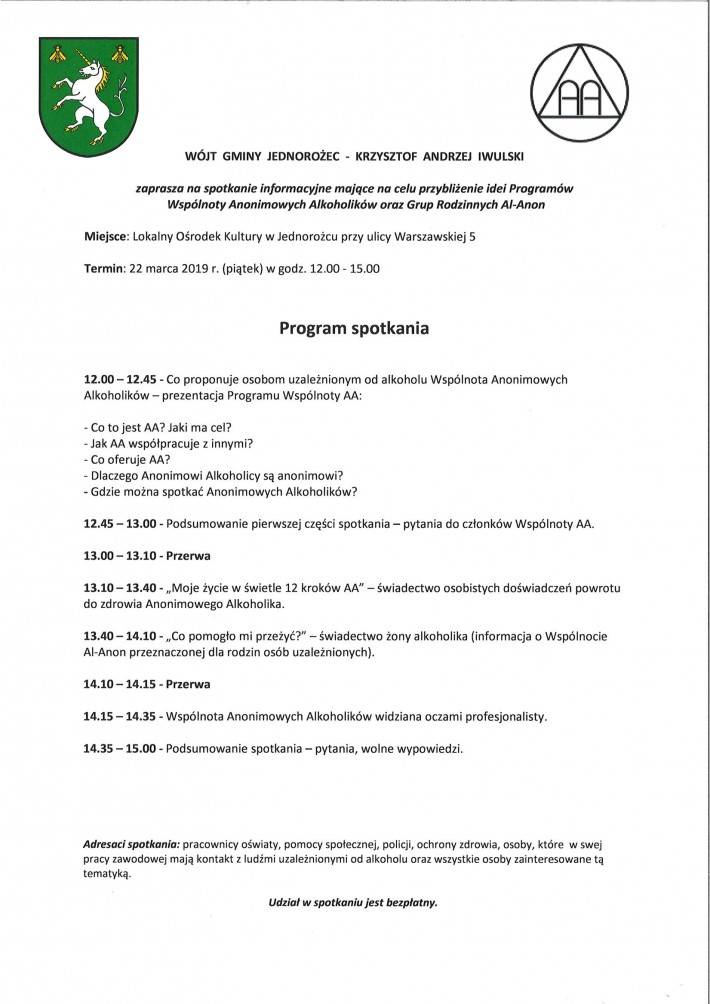 Program Wspólnoty Anonimowych Alkoholików oraz Grup Rodzinnych Al-Anon - spotkanie informacyjne