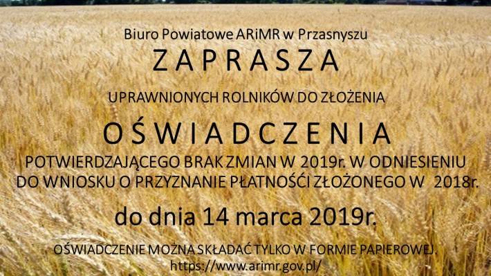 Płatności Bezpośrednie: Oświadczenie o braku zmian, nowe obszary ONW
