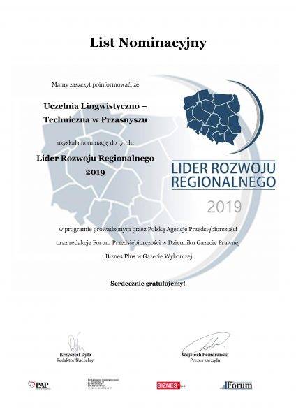 Nominacja Uczelni Lingwistyczno-Techniczej w Przasnyszu na Lidera Rozwoju Regionalnego