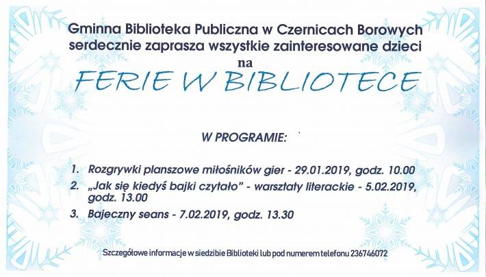 Ferie w Bibliotece w Czernicach Borowych - zaproszenie
