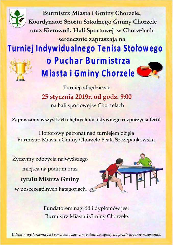 Turniej Tenisa Stołowego o Puchar Burmistrza Miasta i Gminy Chorzele - zaproszenie