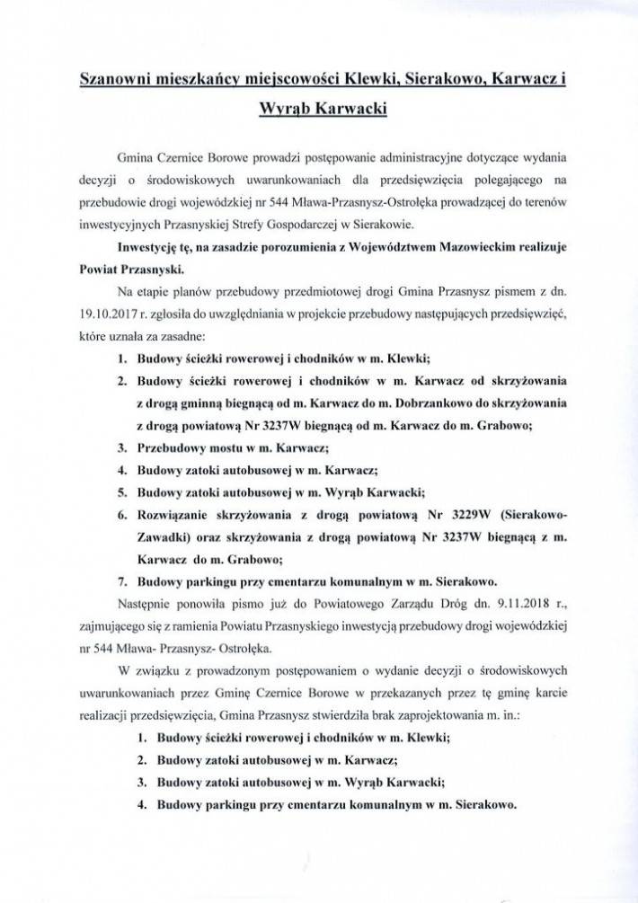 Gmina Przasnysz prosi o poparcie w sprawie modernizacji drogi wojewódzkiej nr 544