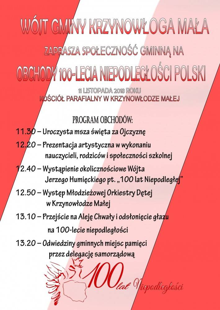 Obchody 100-lecia Niepodległości Polski w Krzynowłodze Małej - zaproszenie