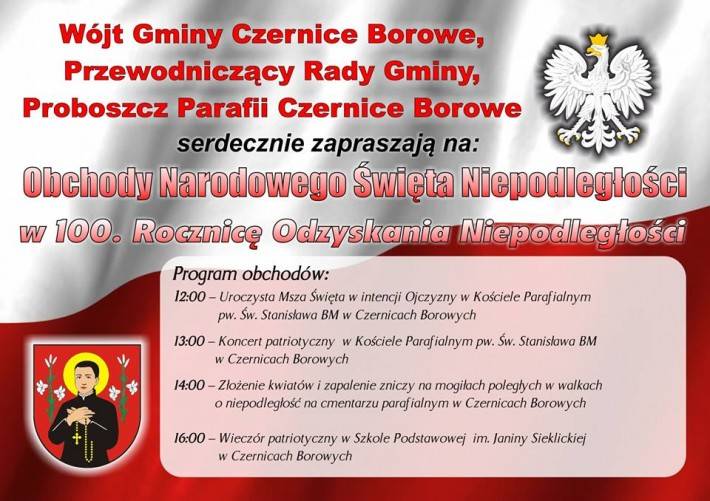 Uroczyste obchody 11 Listopada w Czernicach Borowych - zaproszenie