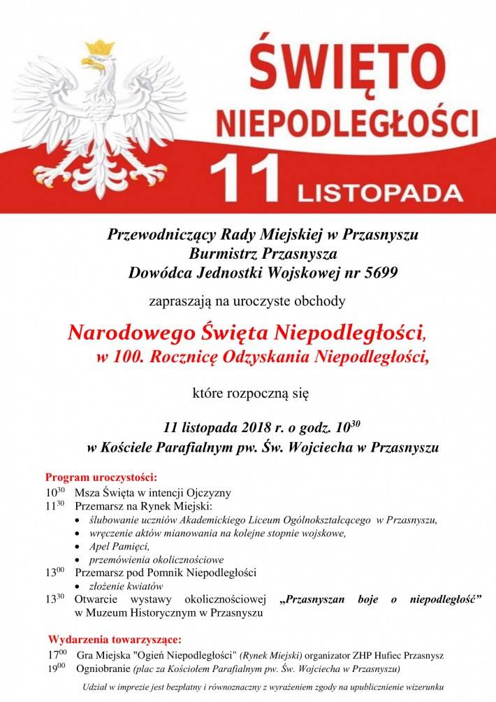 Uroczyste obchody Narodowego Święta Niepodległości - zaproszenie