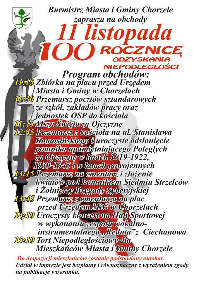 Obchody 11 Listopada w Chorzelach - zaproszenie