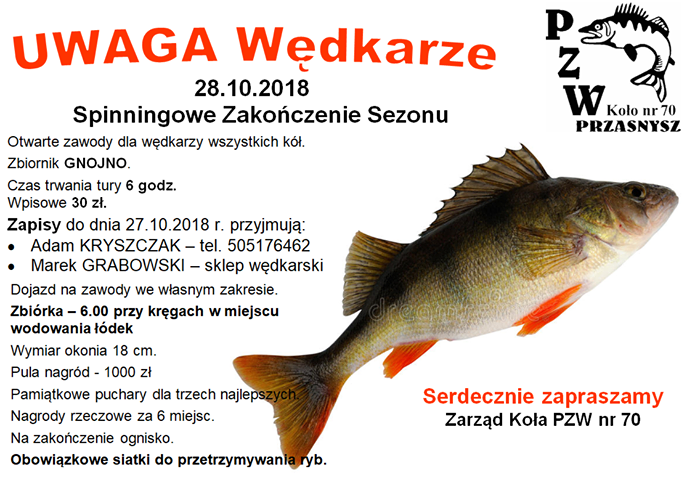 Otwarte zawody Spinningowe na Zakończenie Sezonu -zaproszenie