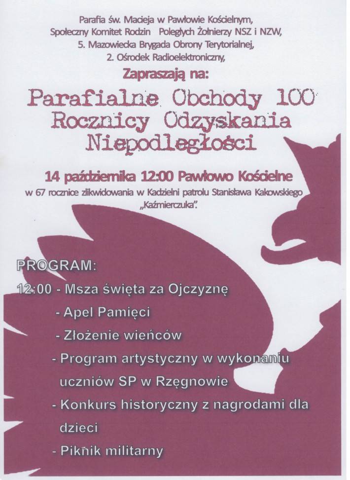 Czernice Borowe: Parafialne Obchody 100 Rocznicy Odzyskania Niepodległości - zaproszenie