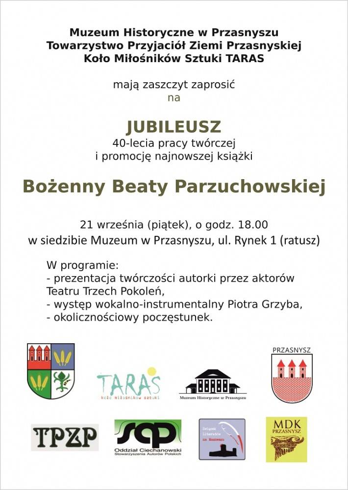 Jubileusz 40 - lecia pracy twórczej i promocja książki Bożenny Beaty Parzuchowskiej - zaproszenie