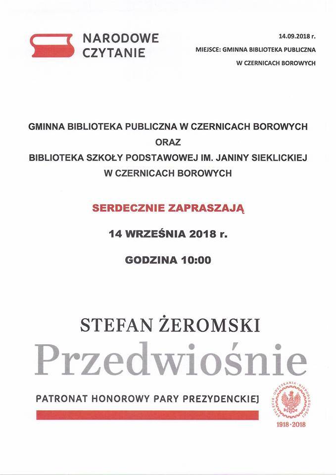 Narodowe Czytanie w Czernicach Borowych - zaproszenie