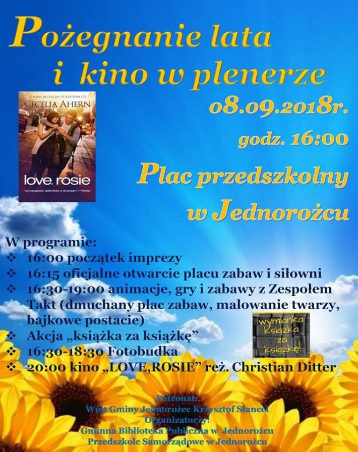 Pożegnanie lata z kinem w plenerze w Jednorożcu - zaproszenie