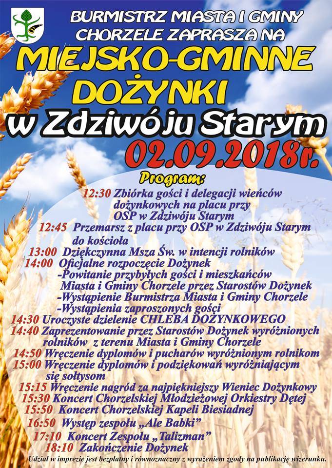 Chorzele: Miejsko - Gminne Dożynki 2018 - zaproszenie