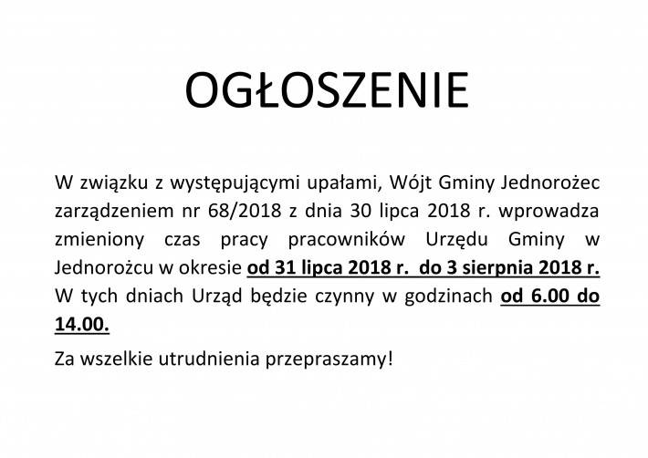 Jednorożec: Zmiana godzin pracy Urzędu