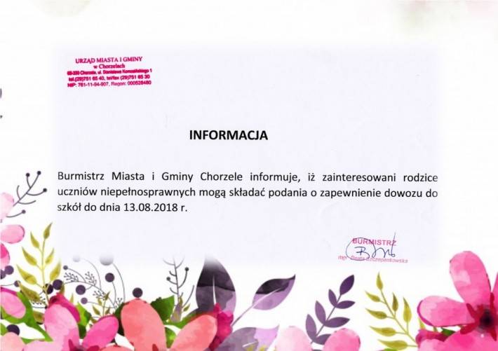 Chorzele: Informacja dla rodziców uczniów niepełnosprawnych