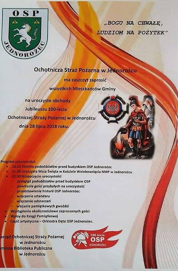 Jubileusz 100-lecia OSP w Jednorożcu - zaproszenie