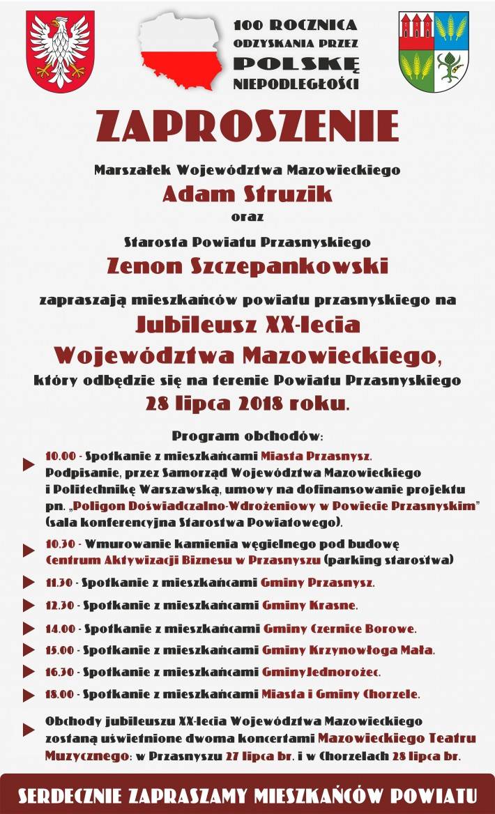 Obchody jubileuszu XX-lecia województwa Mazowieckiego - zaproszenie