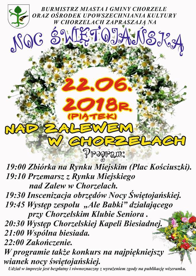 Noc Świętojańską nad zalewem w Chorzelach - zaproszenie