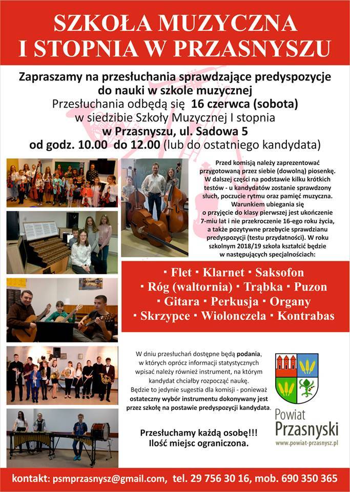 Przesłuchania do Szkoły Muzycznej w Przasnyszu - zaproszenie