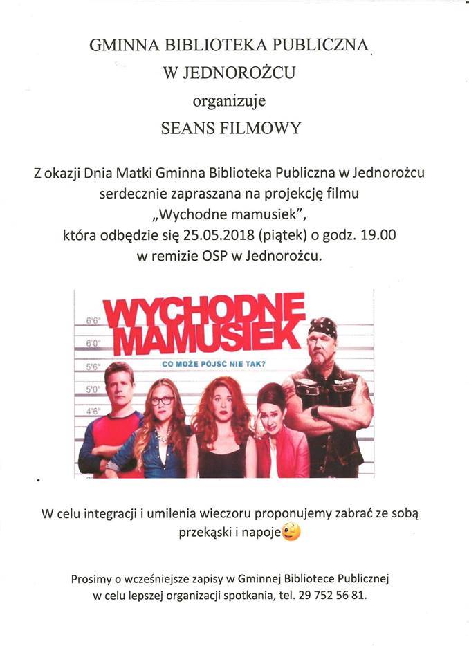Seans filmowy z okazji Dnia Matki w Jednorożcu - zaproszenie