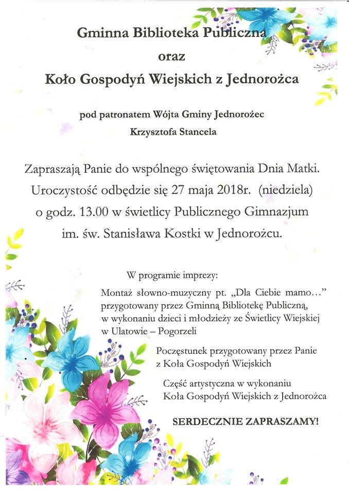 Obchody Dnia Matki w Jednorożcu - zaproszenie