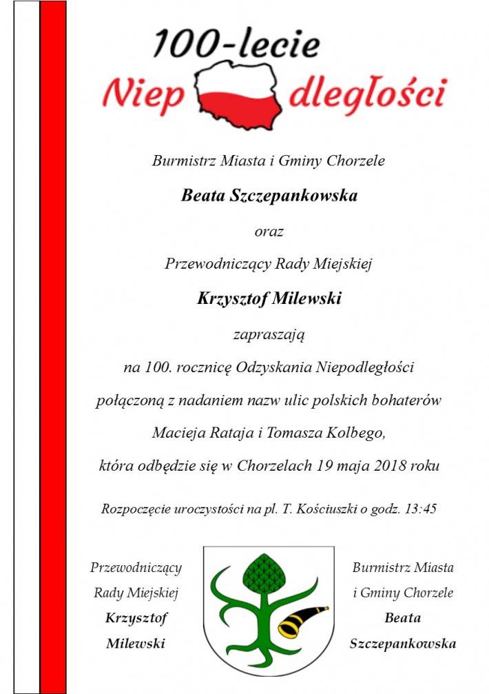 Obchody 100. rocznicy Odzyskania Niepodległości połączone z nadaniem nazw ulic w Chorzelach